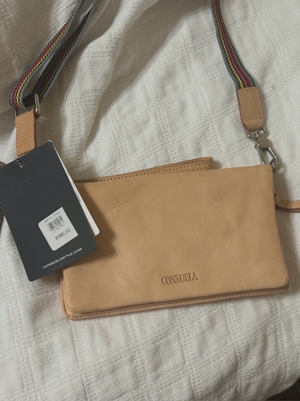 Consuela Beige-Tan Leather Crossbody with Stripe Strap